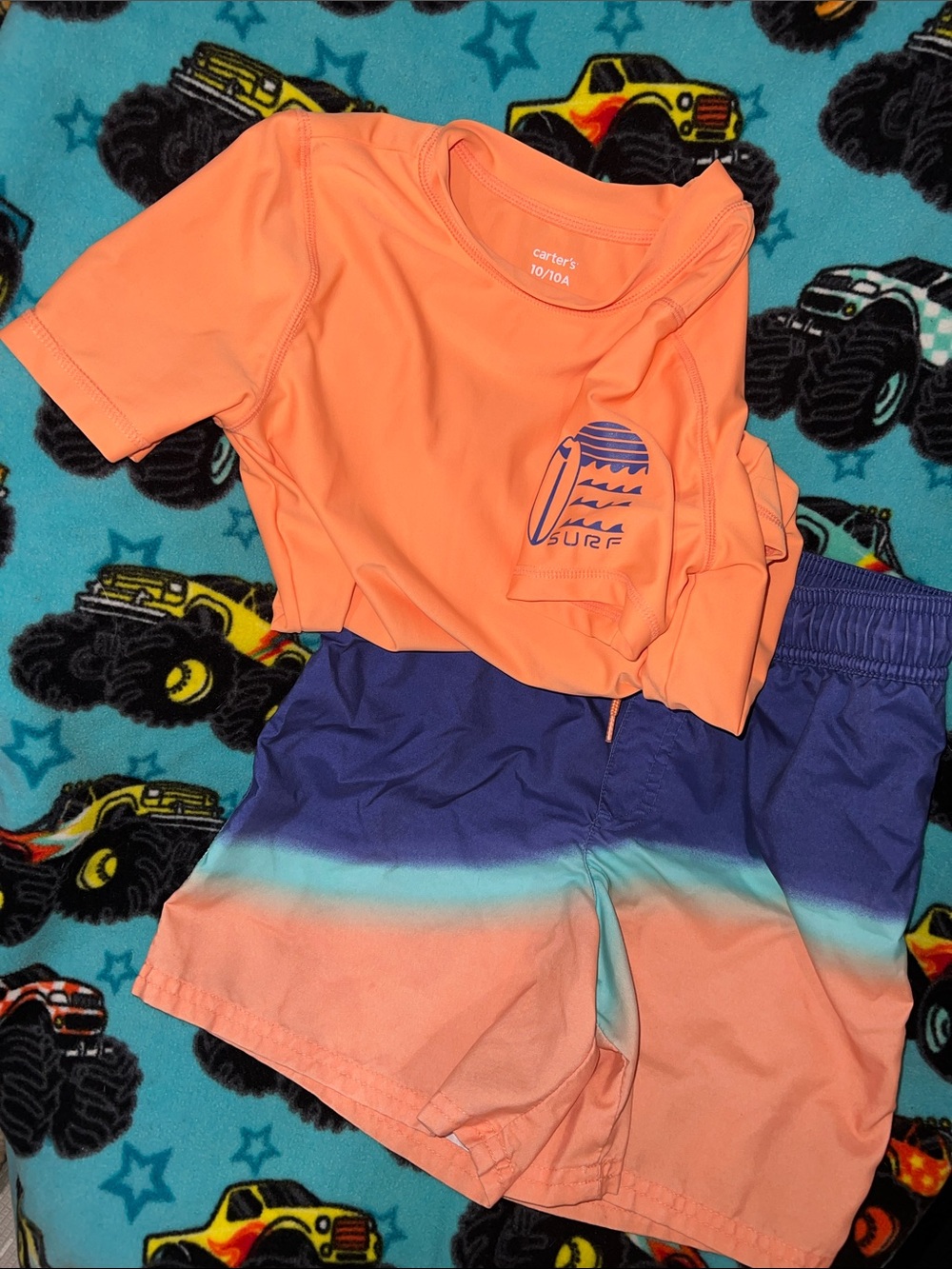Carter's Coral Surf Rash Guard with Blue-to-Coral Ombre Swim Shorts